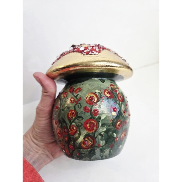 Hand Painted Folk Mushroom Fairy Garden Bling Rose Flowers Ceramic Bird House - Picture 5 of 8